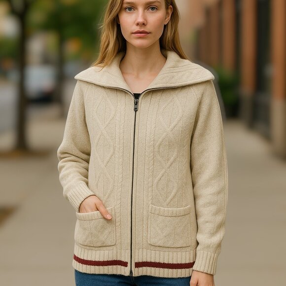 2 for/$30 Bluenote Full Zip Cream Cable Knit Cabin Sweater Cardigan Size L - Picture 1 of 15